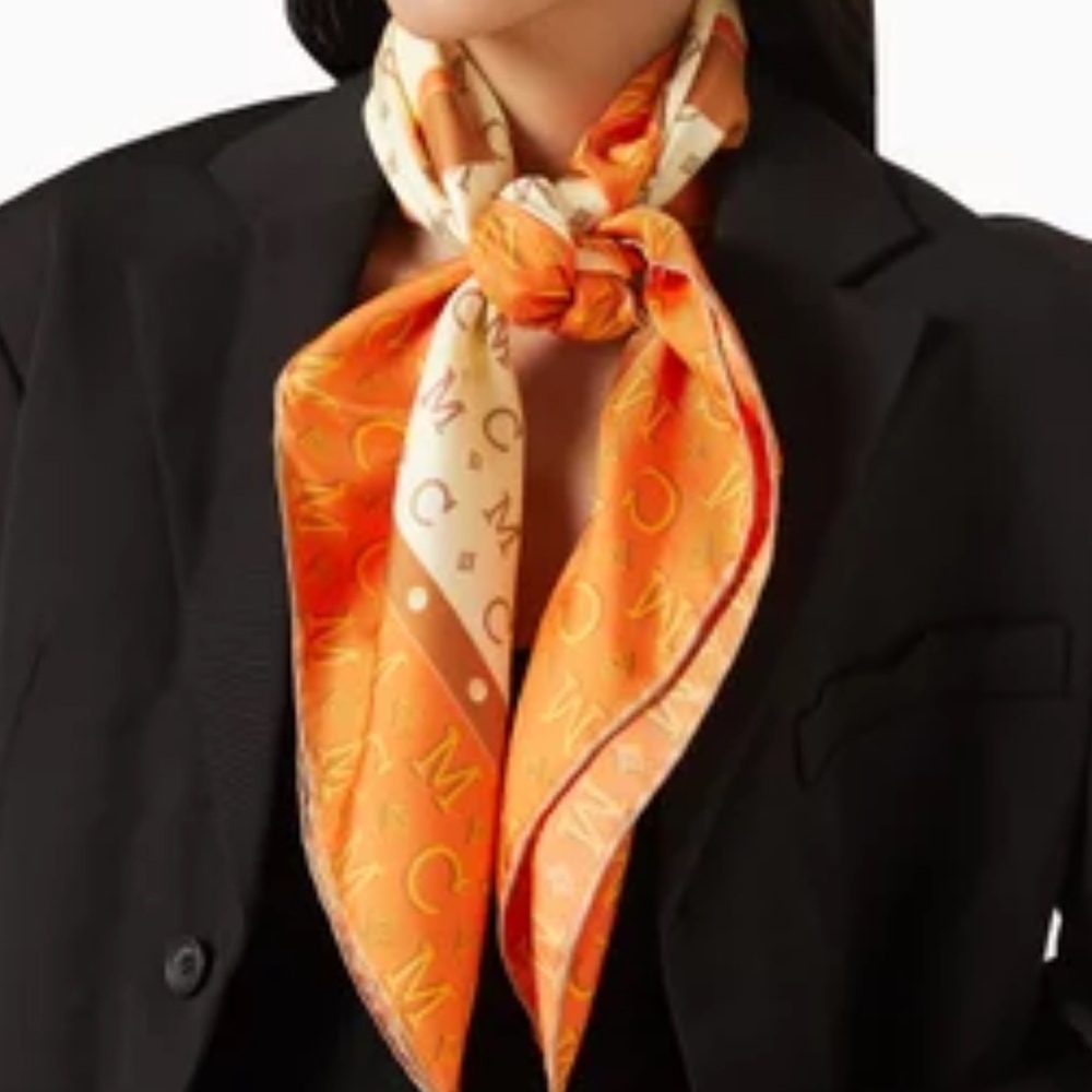 MCM Cream and Orange Logo Silk Scarf - Picture 2 of 6